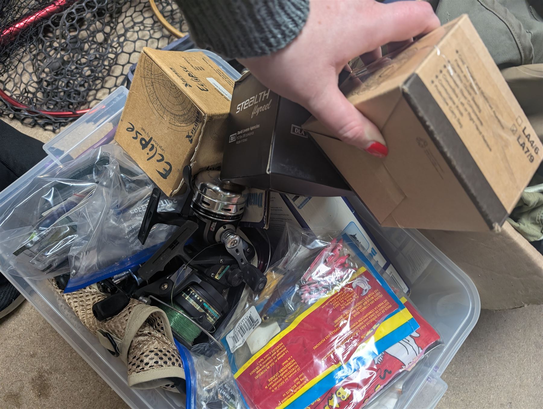 Collection of fly fishing equipment and similar, including Pflueger Summit 5 Fly Rod, Stimulator ST8605 Fly Rod, Power Plus Tiger Edition, Snowbee net and two others, Snowbee waders size 10, Abu Garcia 276Ui reel, Predator fly reel, Stealth Cassette 1 Fly Reel, etc 