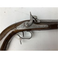SECTION 1 FIREARMS CERTIFICATE REQUIRED OR REGISTERED FIREARMS DEALER - Pair of Reproduction Continental .44 calibre percussion target pistols, each with heavy 23.5cm octagonal to round barrel bearing various marks, crude scroll engraving to lock plate, hammer and octagonal section of barrel, unchequered walnut stock with brass butt plate and steel hooked trigger guard, numbered 8138 & 8164, L41.5cm overall; in maroon baize lined converted sapele mahogany fitted case bearing reproduction trade label for Trulock & Son Dublin containing small copper powder flask, steel scissor action bullet mould, nipple key, turned wooden mallet and lidded box, steel rammer and wooden cleaning rod, case L48cm