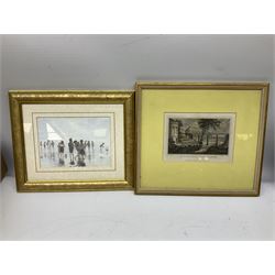 English School (19th century): 'Kirkstall Abbey - the South Side', pencil sketch unsigned and titled together with a Victorian felt stitched silhouette, small watercolour, five pieces early 20th century silhouette art and other prints max 35cm x 30cm (16)