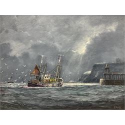 Jack Rigg (British 1927-): Fishing Boat Approaching Whitby Harbour, oil on board signed 35cm x 45cm