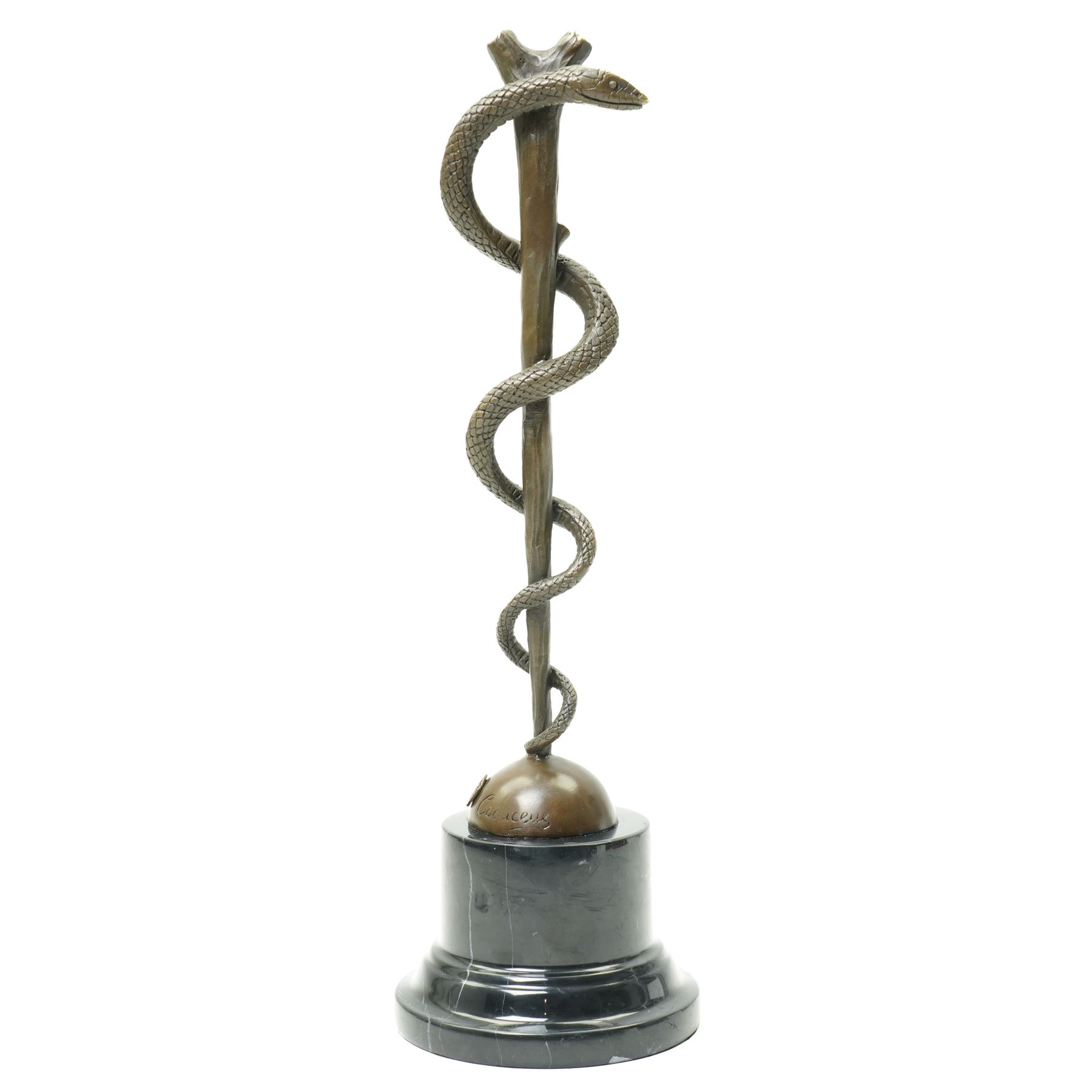 Bronze of the Staff of Asclepius with foundry mark on marble base H38cm