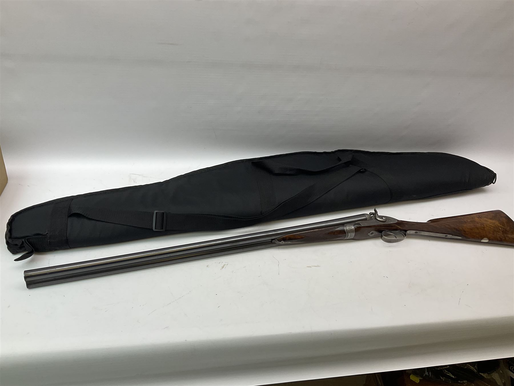 19th century Purdey 12-bore side-by-side double barrel black powder hammer gun, 76cm cylinder bored un-choked barrels with 2.5