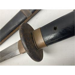 Good quality Japanese sword blade with later WWII fittings and scabbard  - 67.5cm slightly curving blade with unmarked tang, plain iron tsuba and lacquered grip with copper mounts; in lacquered wooden scabbard with tape bound tip L94cm overall