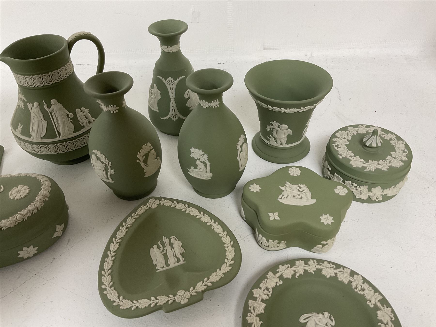 Group of Wedgwood sage green Jasperware, to include jug, vases, lidded boxes, dishes etc