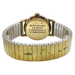 Smiths Deluxe 9ct gold gentleman's manual wind presentation wristwatch, back case engraved 'British Railways E.E.Newby in Appreciation of 45 Years Service', hallmarked, on expanding gilt strap
