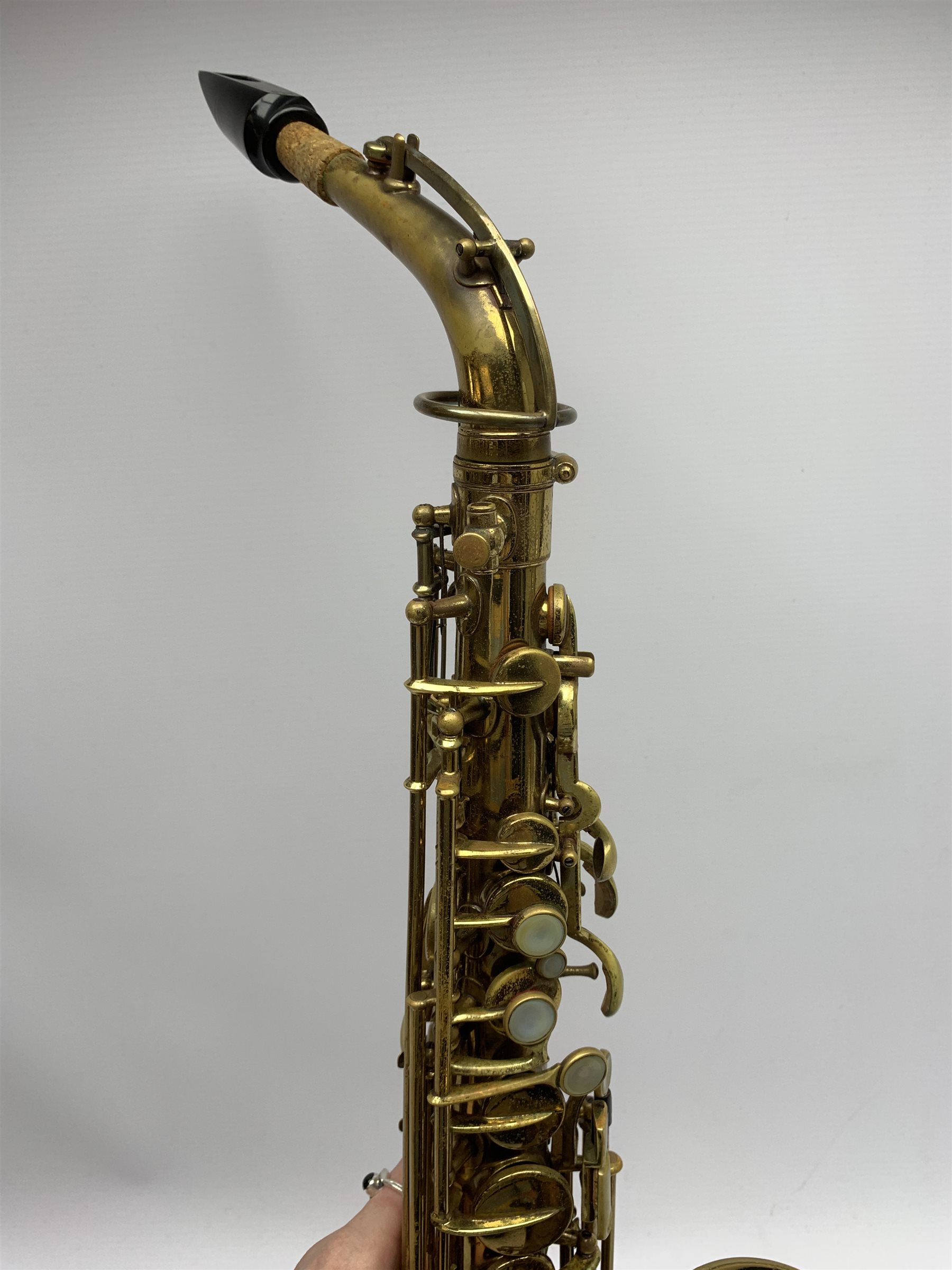 Elkhart 'The Buescher' True-Tone Low Pitch alto saxophone, serial no.147605, in Hiscox Liteflite carrying case with crook