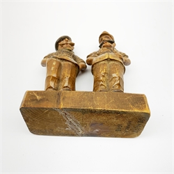 Caricature wooden carving of two WW2 British officers, inscribed under the base 'Venice March 1946' H13cm; and unmarked pair of binoculars (2)