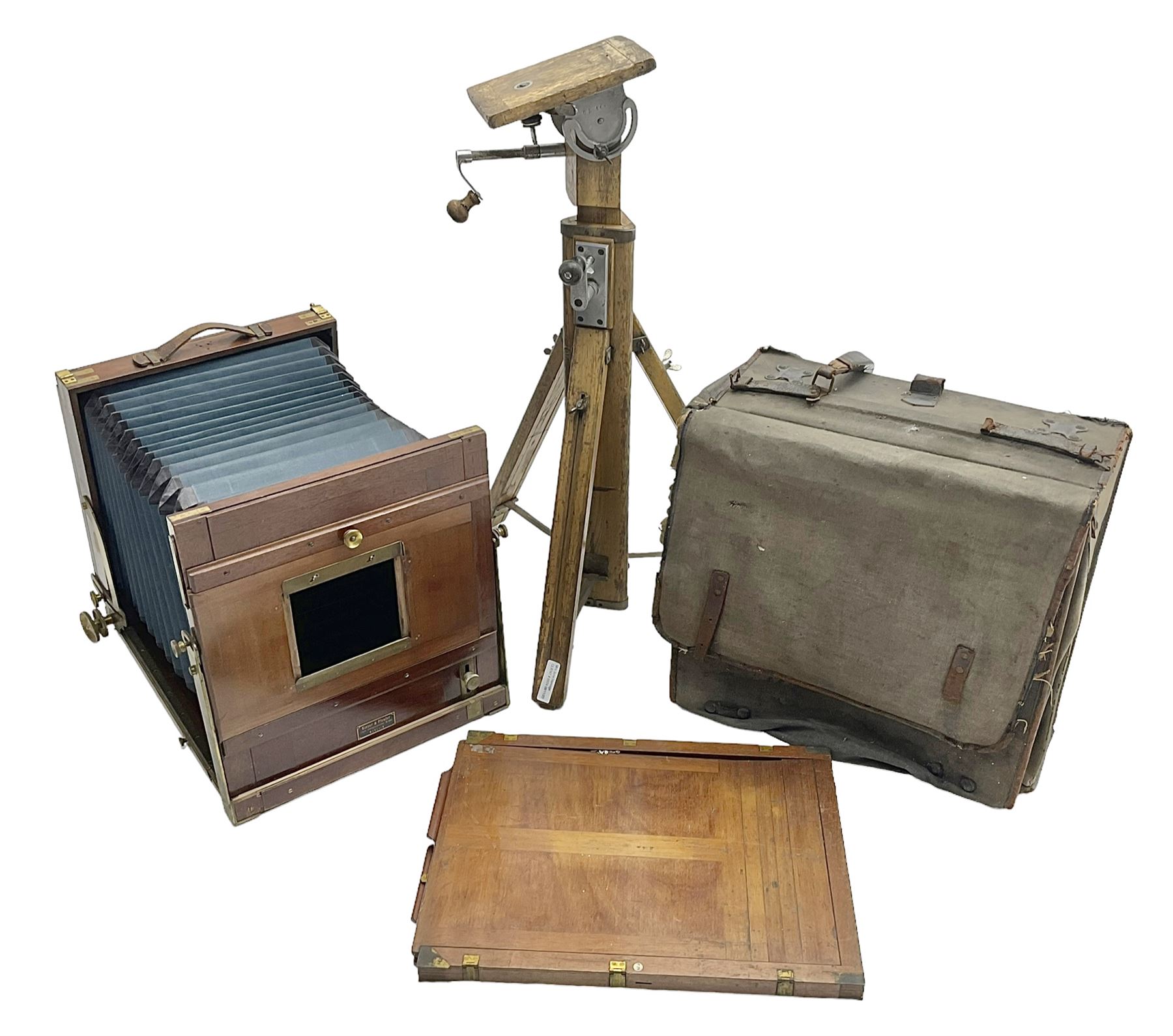 Kieser & Pfeufer folding mahogany and brass full plate camera, with adjustable wooden tripod