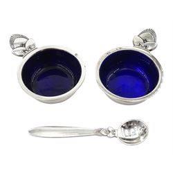 Pair of Danish silver salts, cactus design with integral blue liners, No.30 by Georg Jensen & Wendel A/S and a matching silver spoon, all stamped