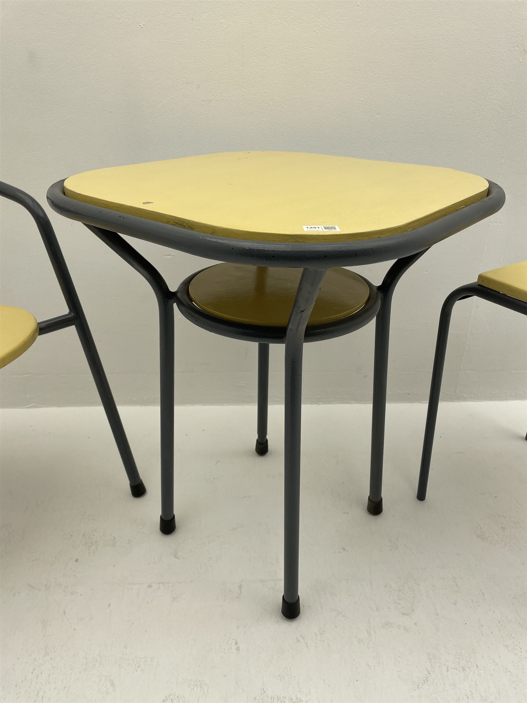 Grey painted metal and pale yellow painted wood bistro set, table with under tier, small side table, armchair 