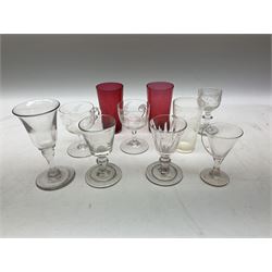 Four 18th century drinking glasses, to include example with bucket bow, knopped stem and folded foot, and another with part fluted bowl, knopped stem and folded foot, together with six Victorian and Edwardian drinking glasses of various form, including pair of Victorian cranberry glass beakers, (10)