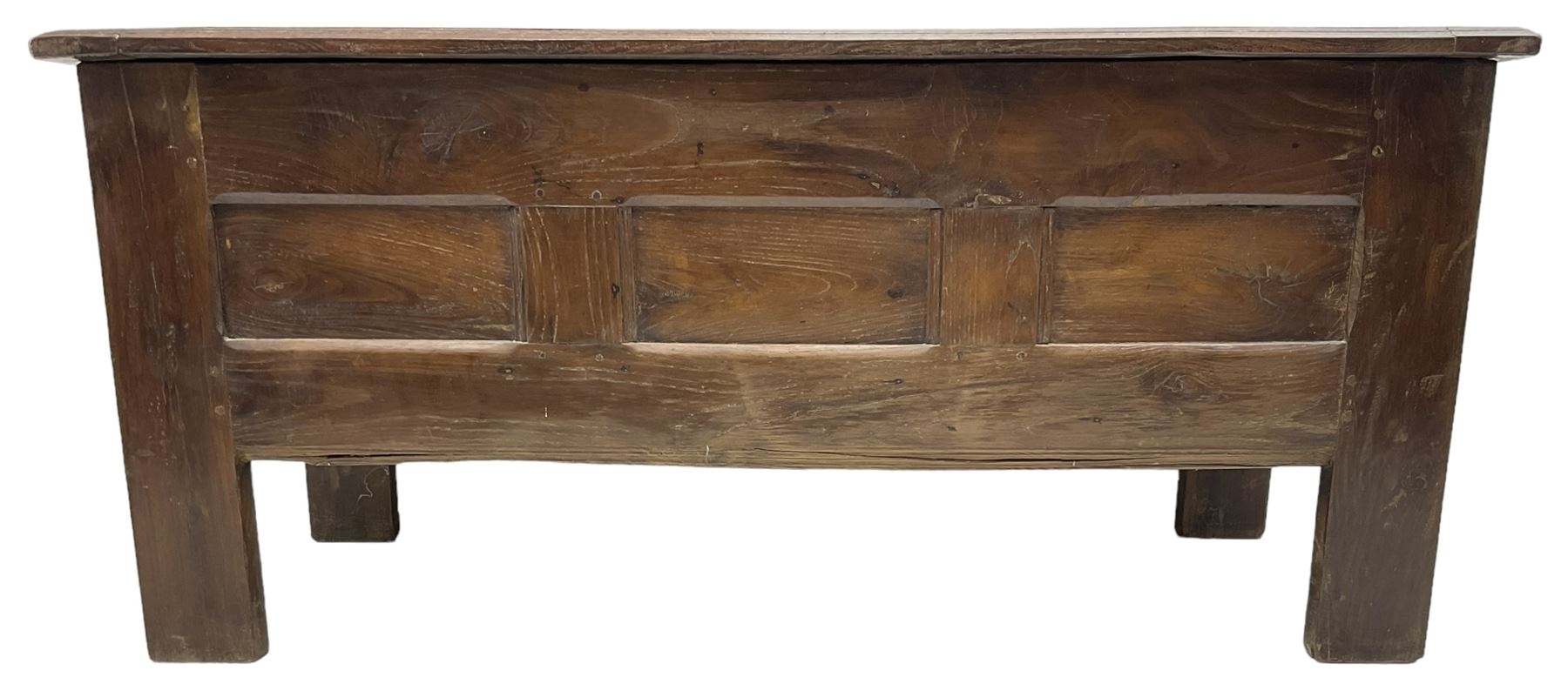 Large 18th century oak coffer or chest, rectangular hinged top with moulded edge, over panelled sides with moulded rails, raised on stile supports