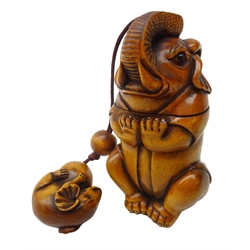  Japanese Meiji boxwood Inro carved as an Elephant with Calf Netsuke inset with glass eyes & ojime, with signature, H8.5cm Provenance: private collection   