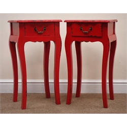  Pair French style bedside cabinets, moulded shaped top, single drawer, shaped supports, W35cm, H66cm, D31cm  