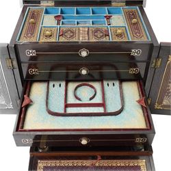 Early Victorian rosewood and mother of pearl inlaid sewing, jewellery, and writing casket  with hinged lid, the upper section fitted for sewing implements, above four drawers, the bottom drawer with writing slope and on compressed fluted feet H36cm x W34cm