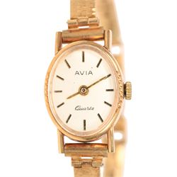 9ct gold ladies Avia quartz wristwatch on 9ct gold bracelet strap, hallmarked