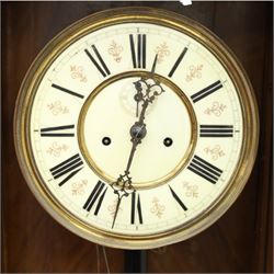 19th century mahogany Vienna Regulator wall clock, carved mahogany framed with turned and half-canted pilasters, over a lobed terminal
