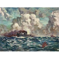 James Torrington Bell (British 1892-1970): 'His Majesty's Trawler Agnes Weatherly at Sea', oil on board signed and dedicated 'To Lieutenant Campbell Pinhey RNVR' 46cm x 61cm (unframed)