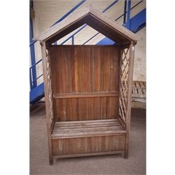  Wooden garden seat, trellis sides with pitched canopy, W132cm  