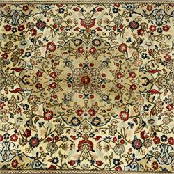 Central Persian Kashan hand-knotted carpet, ivory ground, with an all-over floral field centred by a subtle shaped medallion, surrounded by scrolling foliate and floral motifs incorporating rosettes, palmettes and delicate vine work, enclosed by a dark navy border with repeating palmettes and meandering vines, flanked by floral guard stripes, with cotton fringes