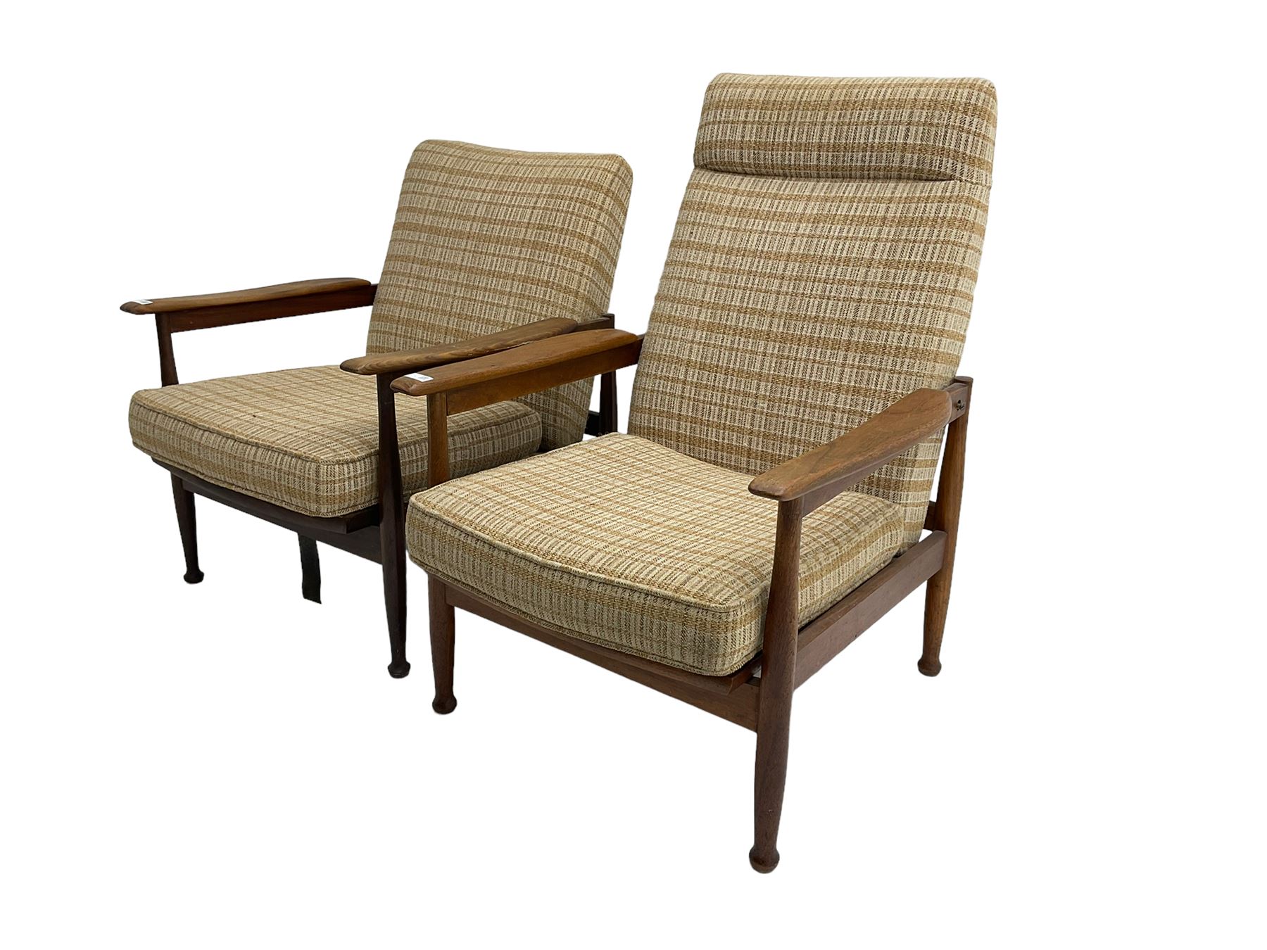 Guy Rogers - pair mid-century 'Manhattan' teak framed open armchairs, upholstered seat and back on turned supports