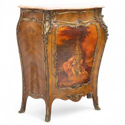 Early 20th-century Louis XV revival Vernis-Martin style bombe-shaped kingwood cabinet, serpentine-shaped variegated Breccia Pernice marble top with moulded edge, the front panel decoration with a painted romantic pastoral scene, interior with two shelves, flanked by gilt bronze masks, sides with diagonally book-matched veneer, bordered by gilt bronze scrolling acanthus mounts, raised on short cabriole form legs with gilt-bronze sabots, key included 