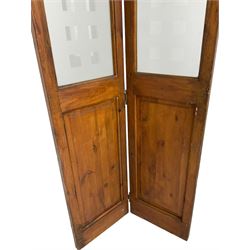 Two double pine room dividers or doors, frosted glass glazed with cube design over panels, in polish finish (74cm x 195cm each double total)