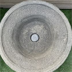 Pair of Victorian design cast stone squat garden urns, egg and dart border, on pedestal base, D60, H45 - THIS LOT IS TO BE COLLECTED BY APPOINTMENT FROM DUGGLEBY STORAGE, GREAT HILL, EASTFIELD, SCARBOROUGH, YO11 3TX