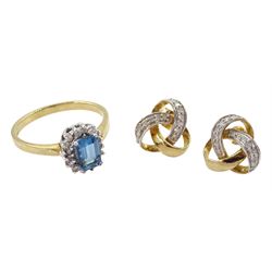 Gold blue topaz and diamond cluster ring and a pair of gold diamond knot stud earrings, both 9ct