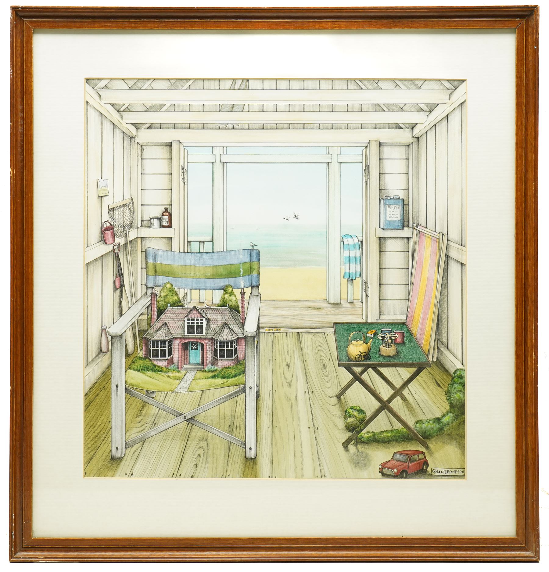 Colin Thompson (British/Australian 1942-): Home in Beach Hut Illustration, ink and watercolour signed 39cm x 37cm Notes: Featured in Thompson's the 'Pictures of Home' book, commissioned by Leeds Permanent Building Society, page 28.