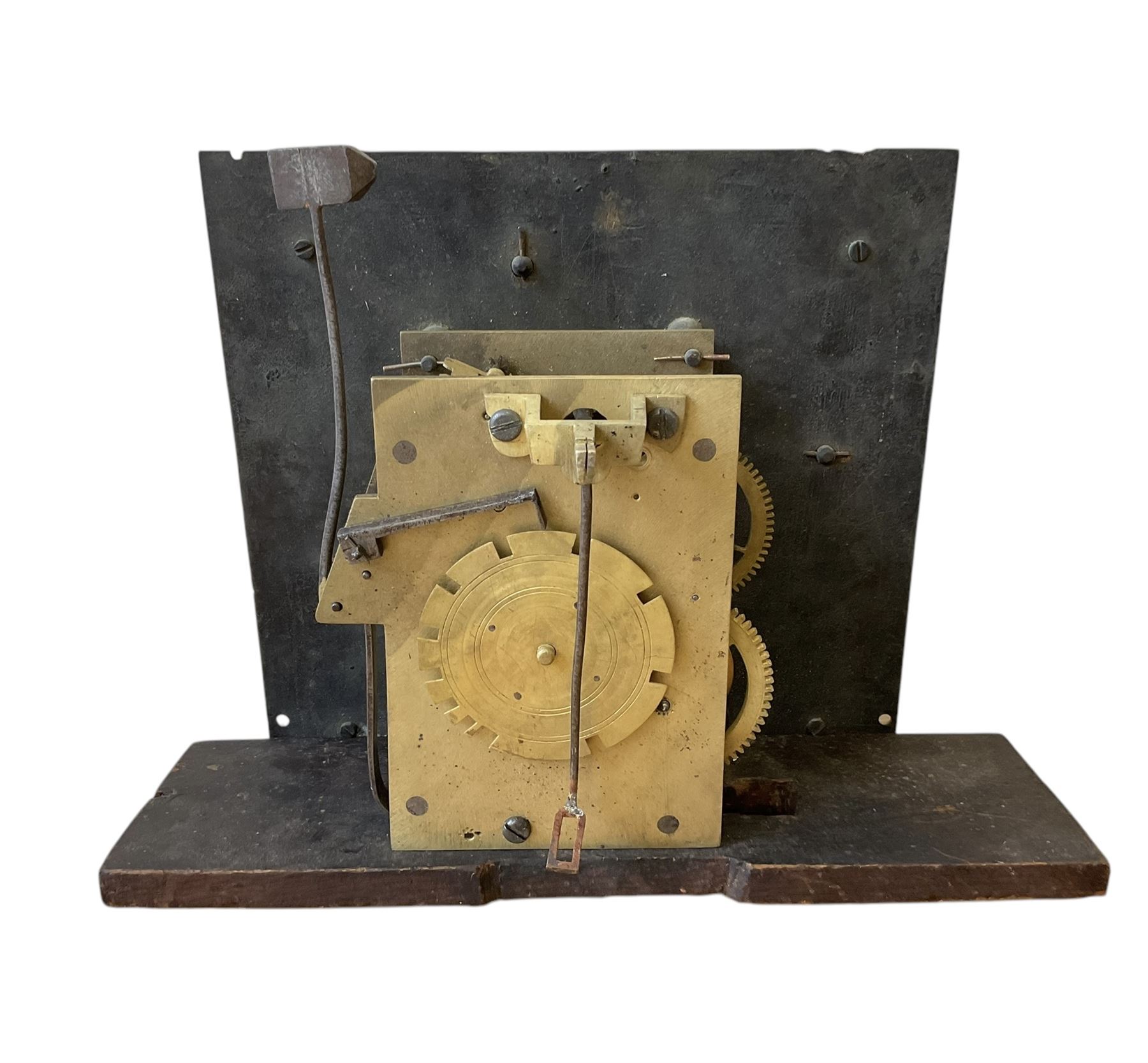 Early 18th century 30hr count-wheel  longcase clock movement by William Russell of Wootton, with a 10” brass dial, seat board and pendulum bob.
With a 12” 19th century 30hr painted dial with Arabic numerals. No movement.
