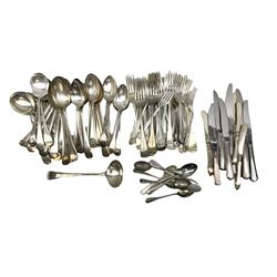 Four butter knives with hallmarked silver handles together with a Quantity of silver-plated cutlery stamped Ashberry and other stainless steel cutlery