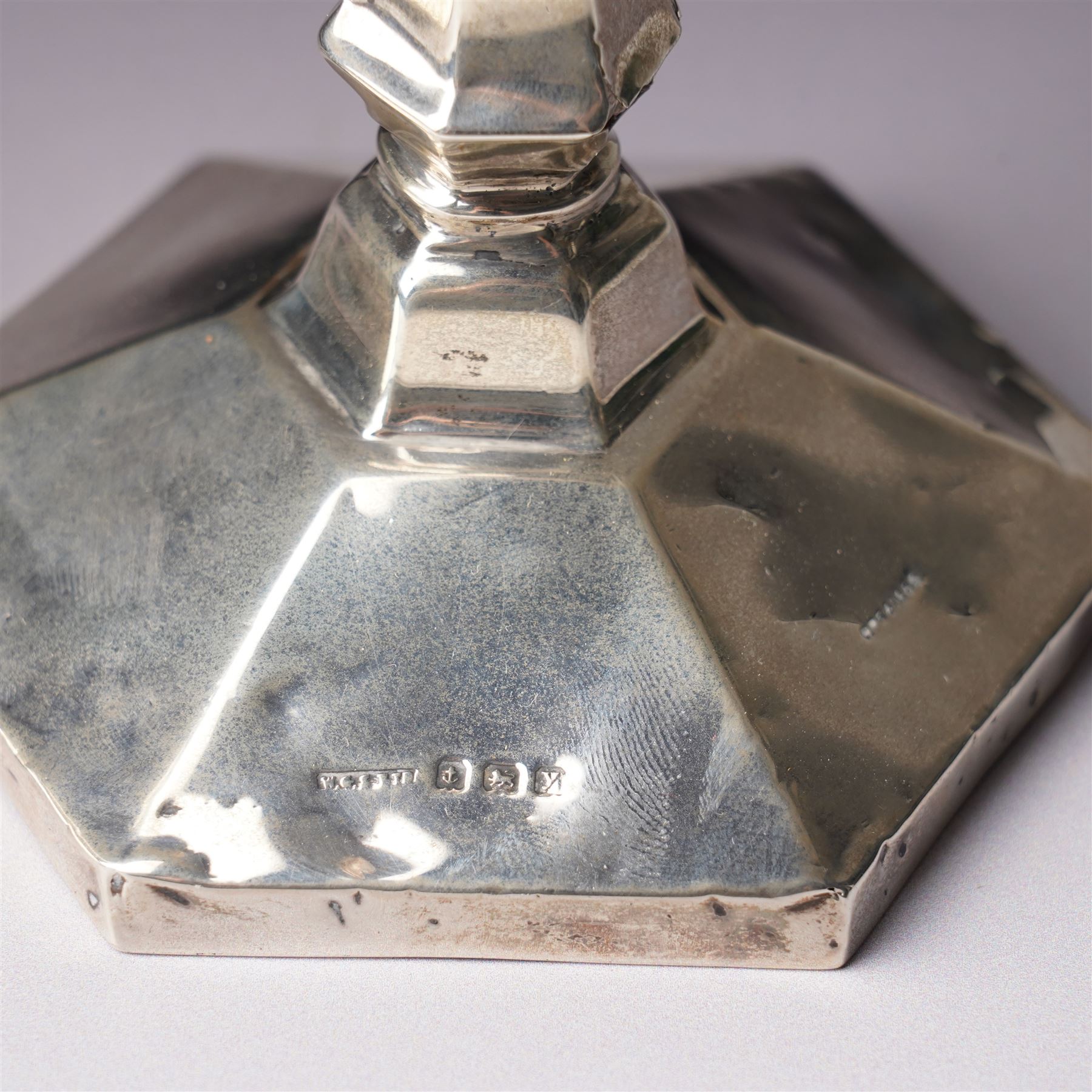 Pair of Art Deco design silver candlesticks with panel sided stems on hexagonal bases H15cm Birmingham 1923 Maker W G Sothers Ltd