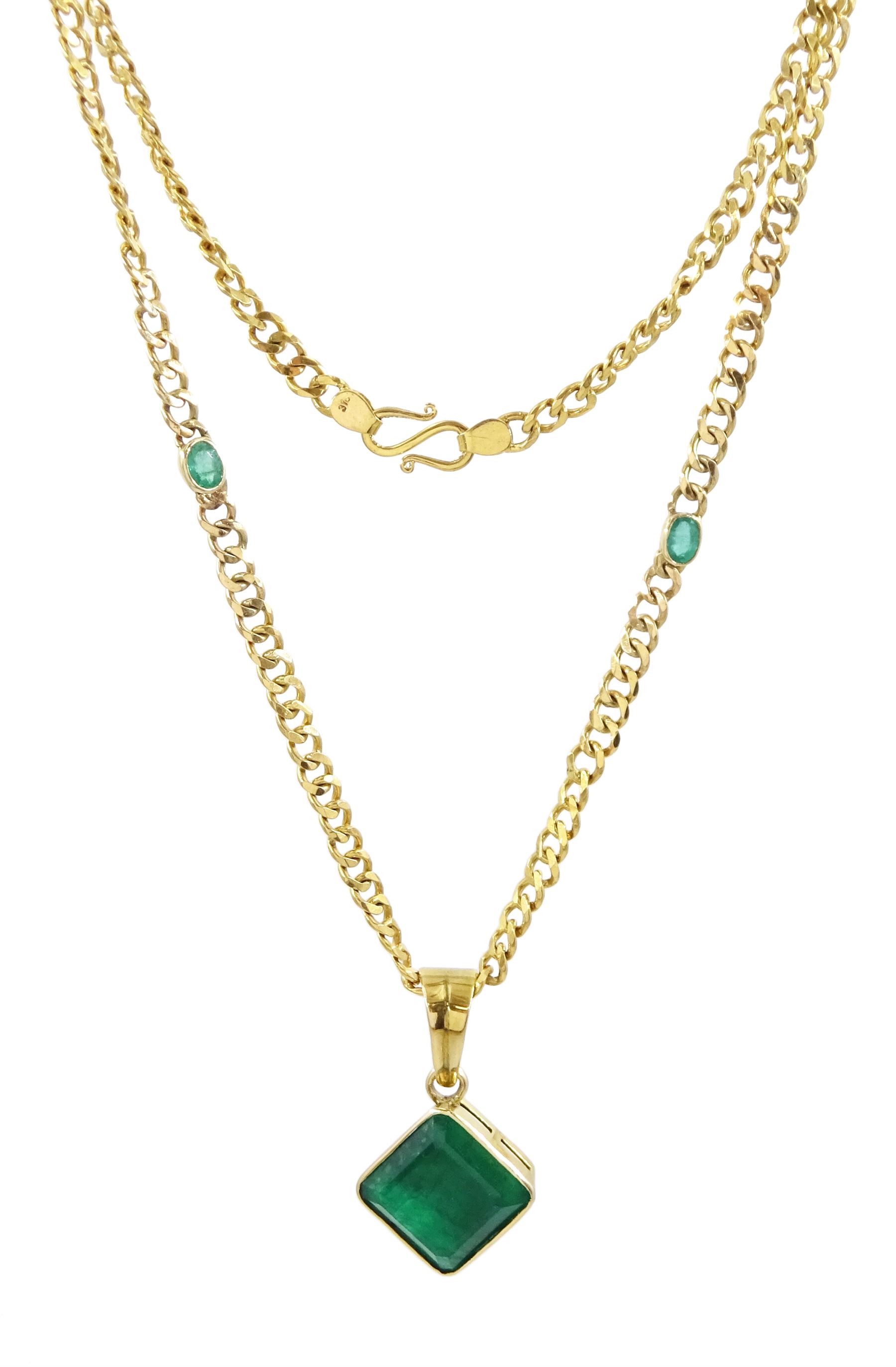 Gold single stone square cut emerald pendant, on gold curb link chain necklace set with two oval cut emeralds, both 9ct, emerald approx 12.00 carat