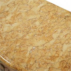 Pair of early 20th century French marquetry bedside cabinets, each serpentine marble top above two drawers with floral inlay, ormolu mounts and handles, on slender cabriole supports with sabots