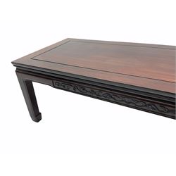 Chinese rosewood rectangular coffee table, carved frieze, squares supports 
