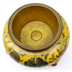  Zsolnay Pecs porcelain Jardiniere of squat bulbous form decorated with stylized flowers on yellow ground with gilt metal liner on four scroll feet, D24cm x H14cm   