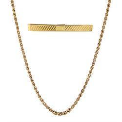 Gold spiga link necklace and a gold tie clip, both 9ct, stamped or hallmarked 