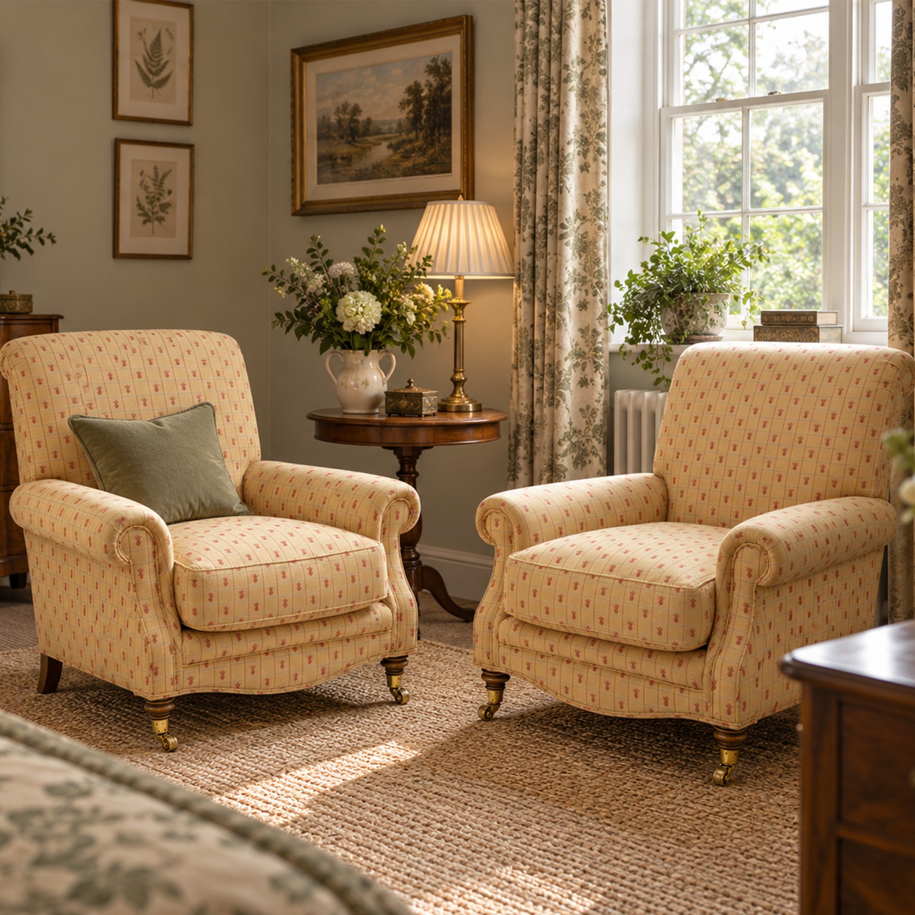 Pair of Victorian style armchairs of traditional shape, high rolled and sprung back over rolled arms, upholstered in chequered fabric with pineapple motifs with loose seat cushion, on turned feet with brass castors