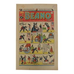 Seven 1940s and 50s The Beano comics, including 1941 issue no.166 propaganda war issue, with Big Eggo black-out cover, 1948 issue no.329, 1949 issue no.368, 1949 issue no.379, 1950 issue no.398,  1950 issue no. 424 and 1954 issue no. 603