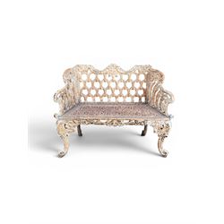 Victorian revival Carron Foundry design heavy cast iron two seat garden bench, scrolled arms with pierced lattice seat, finished in antique white paint