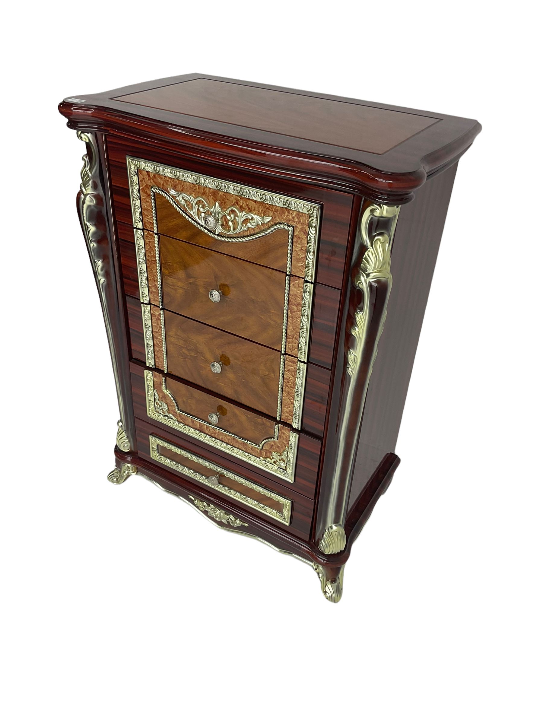 Rococo style wood finish chest, fitted with five drawers, decorated with scrolled foliate and flower heads 