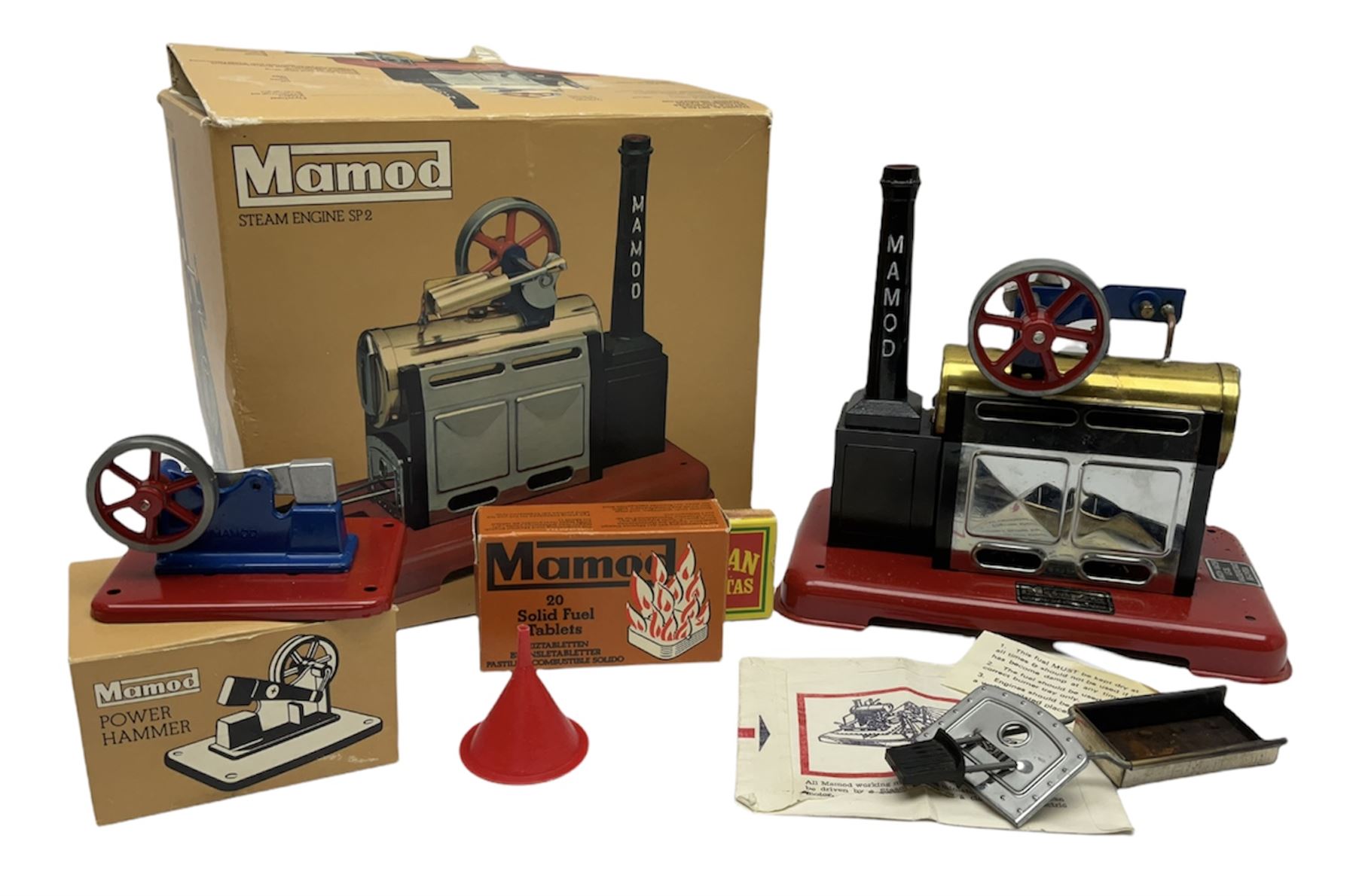 Mamod SP2 stationary steam engine in original box, with burner, solid fuel tablets, funnel and power hammer in box