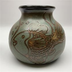John Egerton (c1945-): studio pottery stoneware vase, decorated with fish upon a mottled blue ground, together with a wall planter decorated with fish, both signed, vase H15cm  