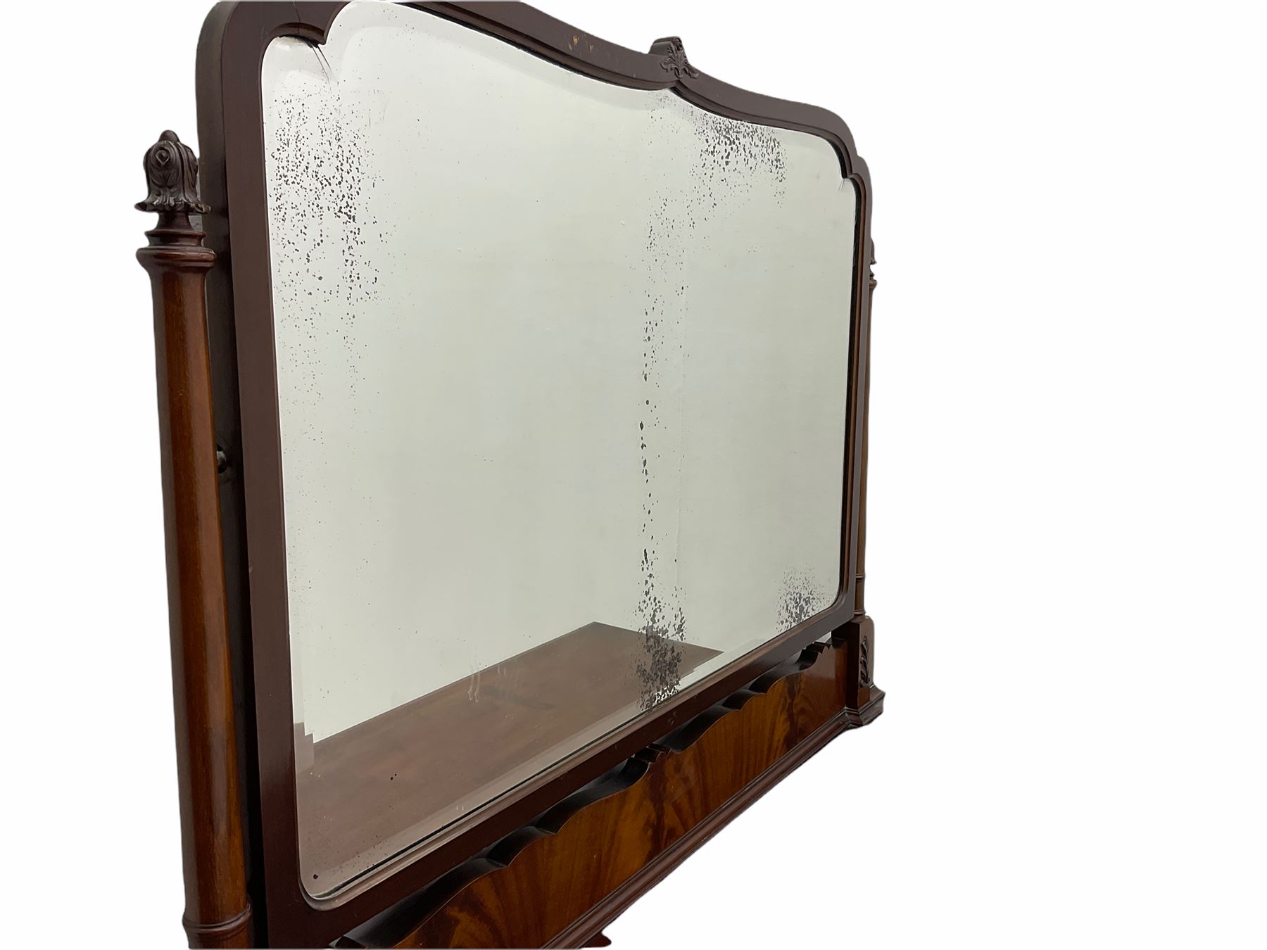 Early 20th century mahogany bedroom suite - dressing table (W122cm, H161cm, D56cm), chest (W107cm, H125cm, D51cm), and bedside cupboard (W44cm, H80cm, D44cm)
