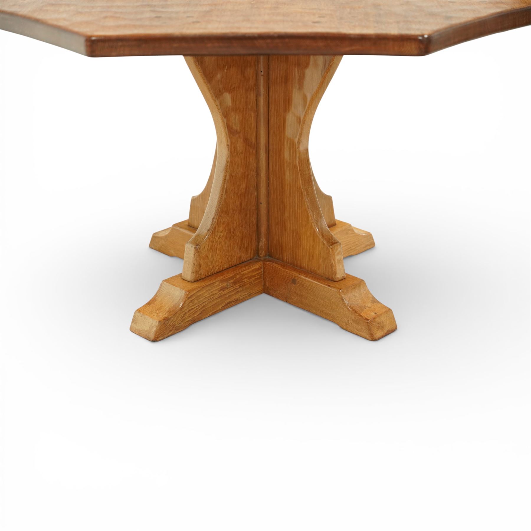 Sid Pollard of Thirsk - octagonal oak adzed dining table, with curved edges on a quatriform base