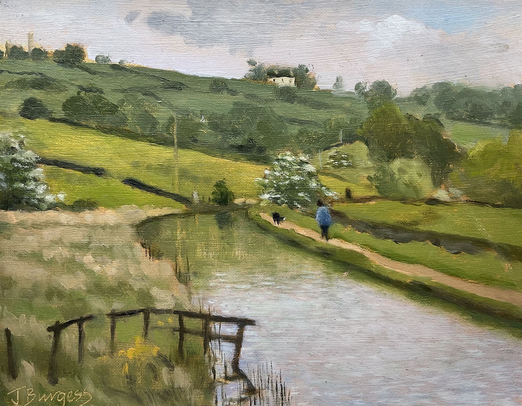 Jane Burgess (British 1948-): 'Canal from the Bridge - Kettle Lane' Maidstone, oil on canvas board signed, titled verso 19cm x 24cm