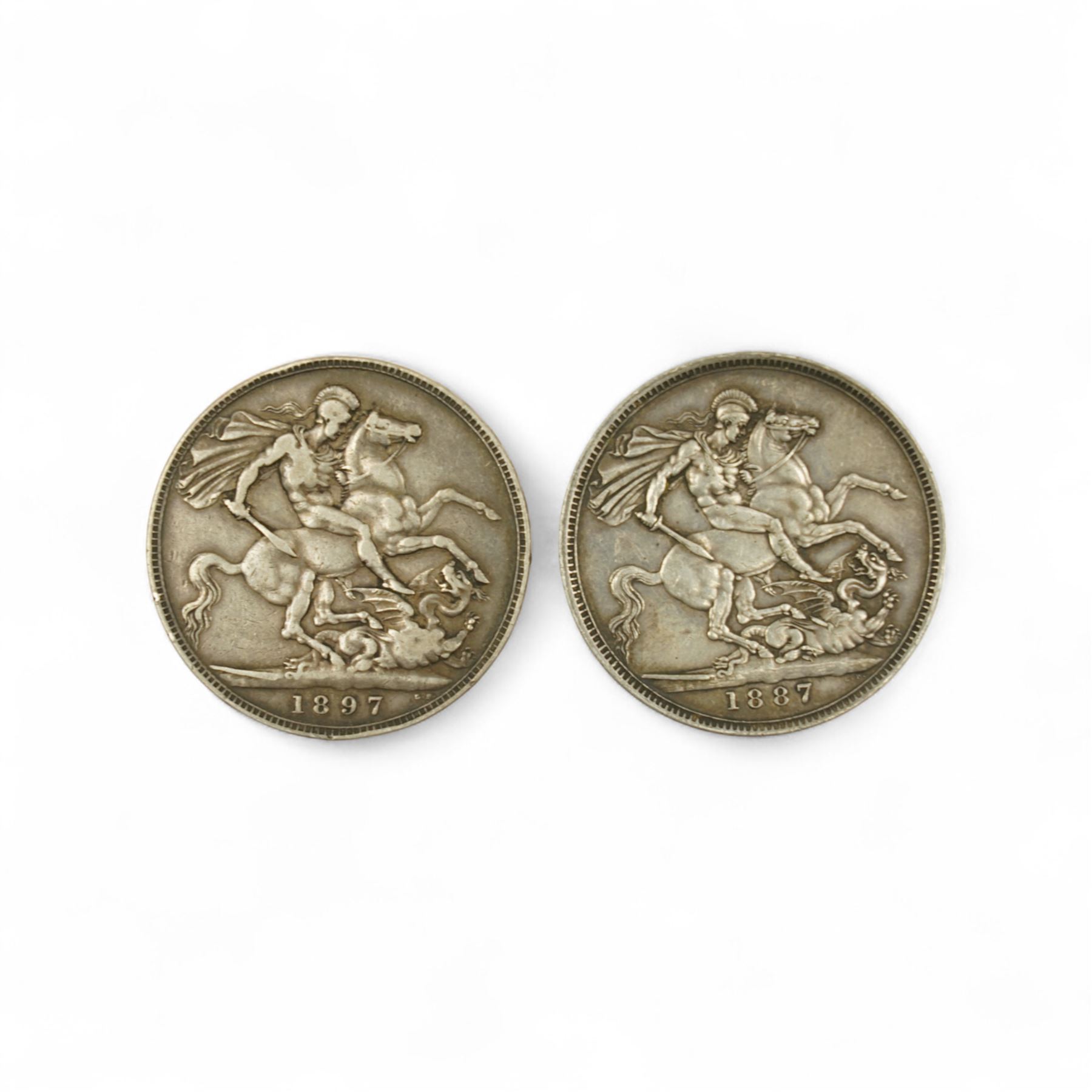 Two Queen Victoria silver crown coins, 1887 and 1897, George IIII silver 1834 one shilling coin, and approximately 150 grams of further pre-1920 silver coins