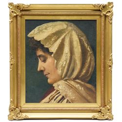 Italian School (Late 19th/Early 20th century): Side Profile Portrait of a Woman in a Headscarf, oil on canvas board unsigned, indistinctly inscribed verso 35cm x 30cm
