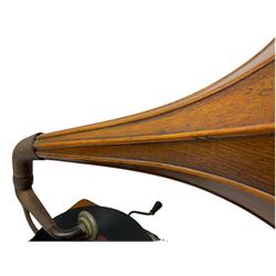 Early 20th century oak cased gramophone, the motor marked 'Garrard No.20 REF No.1030', with ribbed oak horn, base 30cm square; with one 78rpm record and Columbia tin of needles